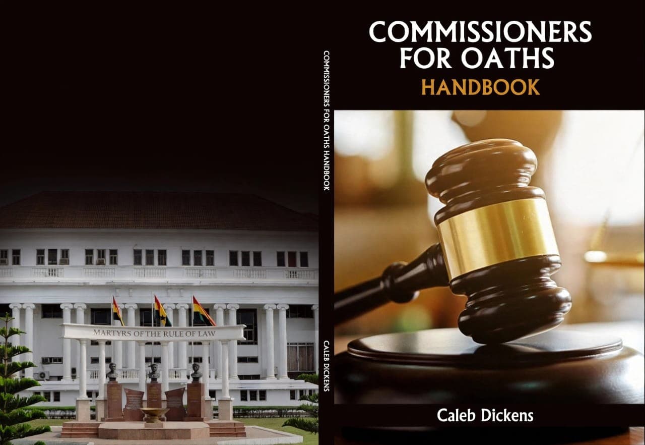 Full cover of the Commissioners for Oaths Handbook by Caleb Dickens, showing a gavel and the Martyrs of the Rule of Law memorial