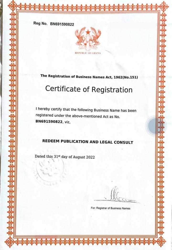 Certificate of registration of the business name Redeem Publication and Legal Consult under the Registration of Business Names Act, 1962