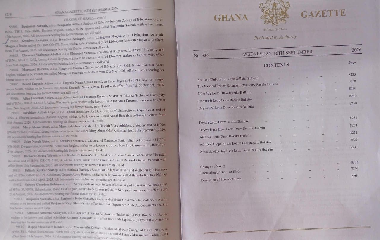 Pages of the Ghana Gazette of 16 September 2026 showing change of name notices for many people