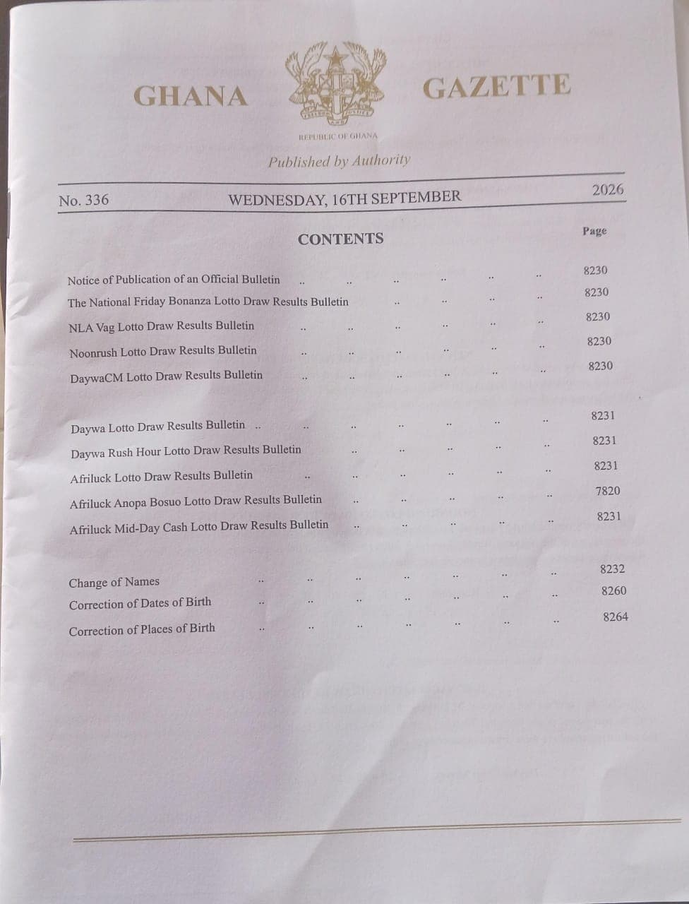 Cover and contents page of the Ghana Gazette No. 336 of 16 September 2026, listing change of names and corrections of dates and places of birth