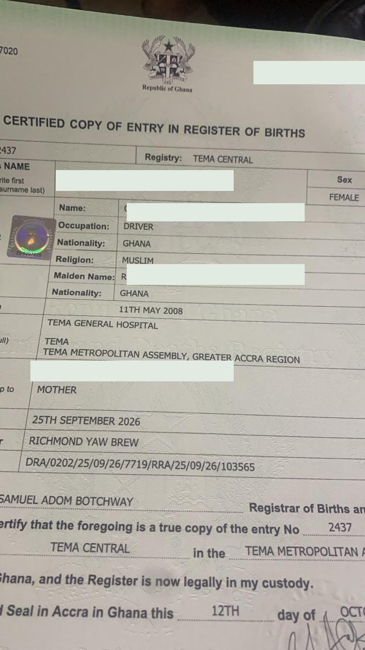 Certified copy of entry in register of births (Ghana birth certificate) with personal details covered