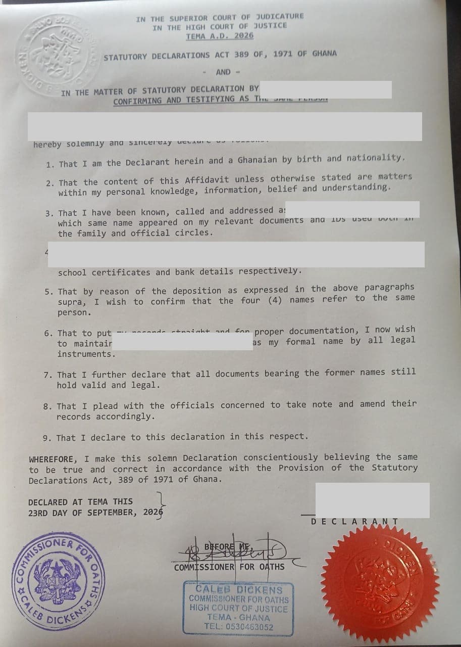 Sample statutory declaration confirming that several names refer to the same person, commissioned by Caleb Dickens, with the declarant's personal details covered